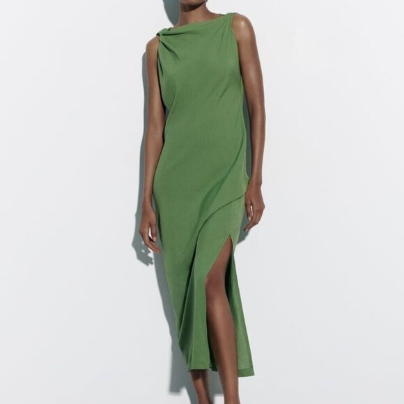 ZARA LINEN BLEND RUCHED DRESS APPLE GREEN SIZE S 9479/056/513 - Picture 2 of 4